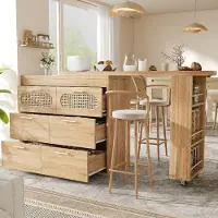Flieks Bartisch mit 6 Schubladen & PE Rattan Türen, 360° drehbarer Stehtisch mit Kippsicherung, Bistrotisch 128-203x39x90cm, Naturfarbe