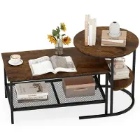 Costway 2er Set Couchtisch, Beistelltisch mit Metallrahmen & Ablage, Kaffeetisch Wohnzimmertisch Sofatisch für Wohnzimmer, Schlafzimmer, Braun