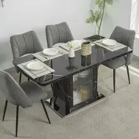 OKWISH Moderner Esstisch rechteckiger Wohnzimmertisch mit Dehnbare Funktion,mit Glastüren und verstellbaren Einlegeboden,Aufbewahrungstisch mit Metallsockel,Schwarz