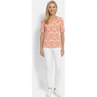 Goldner Viskoseshirt mit femininem Ornamentmuster in orange / weiß / gemustert | Gr.: 40