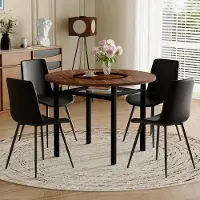 STILVORA Runder Tisch-Set mit integriertem Ablagefach und 4 Sesseln aus schwarzem PolyurethanMaterial, Esszimmerstühle mit 100 cm Durchmesser in brauner Holzoptik, Runder Esstisch für Esszimmer