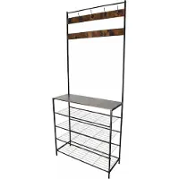 Relaxdays Garderobenständer, 4 Schuhablagen, 2 Hakenleisten, Flurgarderobe HxBxT 190 x 80 x 30 cm, Eisen, schwarz/braun
