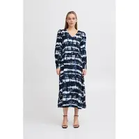 Ichi Midikleid "Damen Kleid IHVARIEL", Damen, Gr. 40, N-Gr, blau (blau fossil ikat aop), Obermaterial: 75% Viskose CV. 13% Leinen LI. 12% Polyamid PA., Kleider Midikleid