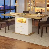 Flieks Ausziehbarer Esstisch mit LED-Beleuchtung für Esszimmer, Küchen, 6 Personen Tisch, Esszimmertisch 110-140x80x75cm, Naturalholz+Weiß