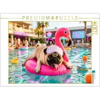 CALVENDO Puzzle Mops auf Flamingo‑Float Puzzle | 1000 Teile Lege-Größe 64 × 48 cm Foto-Puzzle für glückliche Stunden