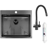 Kuchinox Spülbecken mit einer Kammer, Siphon und Küchenarmatur mit Filtersystem, 1 Becken Spüle graphite
