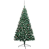 The Living Store Künstlicher Halb-Weihnachtsbaum Beleuchtung Kugeln Grün 210 cm