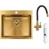 Kuchinox Spülbecken mit einer Kammer, Siphon und Küchenarmatur mit Filtersystem, 1 Becken Spüle Gold