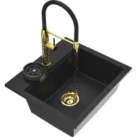 Granitan - Granitspüle - Küchenspüle - 56x50 cm - Schwarz - mit Armatur FANO GOLD und Siphon - FOXAL