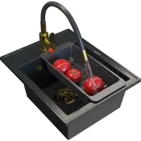 Granitan - Granitspüle - Spülbecken 50x40 cm - Schwarz - mit Armatur und Siphon - NERO