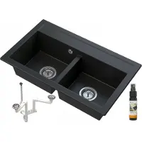 Granitan - Granitspüle - Spülbecken 75x44 cm - Schwarz - mit Siphon Chrom - DUET