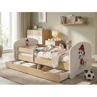 Happy Babies Kinderbett "Happy" 140x70 cm mit Schublade & Rausfallschutz | Juniorbett Holzoptik Birne | Stabiles Kleinkindbett, Hunde Feuerwehrwagen