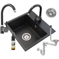 Granitan - Granitspüle - Küchenspüle - 45x42 cm - Schwarz - mit Armatur BETA und Siphon - MINI