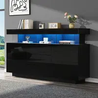 Fortuna Lai 140 x 35 x 80 cm modernes Sideboard, Hochglanz-Sideboard, Kaffeebar, Acryl-Sideboard mit LED-Lichtstreifen, geeignet für Esszimmer, Küche, Flur (Schwarz)