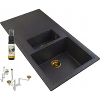 Granitan - Granitspüle - Küchenspüle - 1,5 Becken - 100x50 cm - Schwarz - mit Siphon Gold - SOLARIA