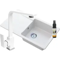 Granitan - Granitspüle - Spülbecken 77x45 cm - Weiß - mit Armatur und Siphon - TRENDY