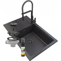 Granitan - Granitspüle - Küchenspüle - 80x50 cm - Schwarz - mit Armatur VEGAS und Abtropfgestell - LOUIS