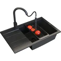 Granitan - Granitspüle - Küchenspüle - 80x50 cm - Schwarz - mit Armatur LOSETO und Abtropfgestell - LOUIS