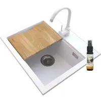 Granitan - Granitspüle - Küchenspüle - 56x50 cm - Weiß - mit Armatur BETA und Schneidebrett - FOXAL