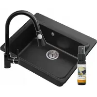 Granitan - Granitspüle - Spülbecken 62x52 cm - Schwarz - mit Armatur SNAKE - ZANTE