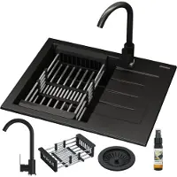 Granitan - Granitspüle - Küchenspüle - 57x46 cm - Schwarz - mit Armatur PRESTIGE und Abtropfgestell - MILANO