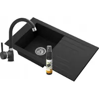 Granitan - Granitspüle - Spülbecken 78x46 cm - Schwarz - mit Armatur und Siphon - LILA