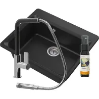 Granitan - Granitspüle - Küchenspüle - 62x52 cm - Schwarz - mit Armatur - ZANTE