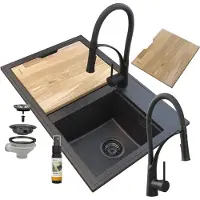 Granitan - Granitspüle - Küchenspüle - 2 Becken - 80x50 cm - Schwarz - mit Armatur NEXO - HEKTOR