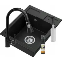 Granitan - Granitspüle - Küchenspüle - 50x40 cm - Schwarz - mit Armatur - mit Unterschrank - BEST