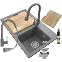 Granitan - Granitspüle - 2 Becken - 80x50 cm - Grau - mit Armatur SNAKE und Schneidebrett - HEKTOR