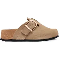 Tamaris Clog , Damen, Gr. 37, beige (taupe), Leder, unifarben, Basic, Schuhe Clog, Clog, Hausschuh, Flat mit verstellbarer Schnalle