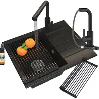 Granitan - Granitspüle - Küchenspüle - 57x46 cm - Schwarz - mit Armatur EBRO und Abtropfgestell - MILANO
