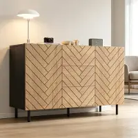 Merax Sideboard Kommode mit 3 Schubladen und 2 Türen, Wohnzimmerschrank aus Spanplatte, Stauraumschrank mit Holzoptik und schwarzem Rahmen, Natur
