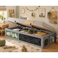 Flieks Hydraulisches Kinderbett 90x200cm mit Stauraum, Kinder Stauraumbett Kinderbett mit Tafel und Filzplatte, Hydraulikbett Einzelbett, Grau
