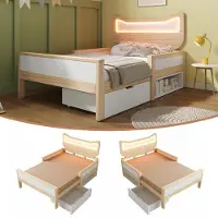 Youjia Kinderbett 90×190 cm mit Katzenohren Kopfteil & RGB‑LED‑Beleuchtung, Lattenrost, flexible Schublade & Staufach links/rechts montierbar