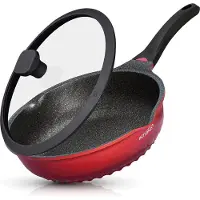 Unyqoos Bratpfanne 28 cm – tiefe 3‑in‑1 Sauteuse (Mini‑Wok, Frittier‑ & Schmorpfanne) mit kratzfestem Glasdeckel, Greblon C3+3 Plasmabeschichtung, induktionsgeeignet, rot