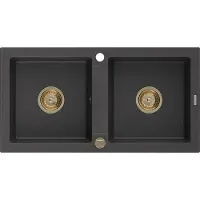 Mexen Mario 2-Becken-Granit-Spülbecken 820 x 436 mm, Schwarz gesprenkelt, Siphon Gold - 6504822000-76-G