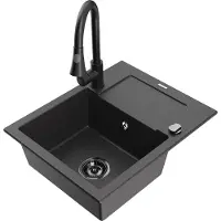Mexen Enzo 1 Becken-Granitspüle mit Abtropffläche und Mischbatterie Elia, Schwarz gesprenkelt - 6506-76-670101-70-B