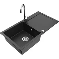 Mexen Leo 1 Becken-Granitspüle mit Abtropffläche und Mischbatterie Telma, Schwarz/Silbermetallic - 6501-73-670200-00