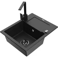 Mexen Enzo 1 Becken-Granitspüle mit Abtropffläche und Mischbatterie Rita, Schwarz/Silbermetallic - 66506-73-670300-70-B