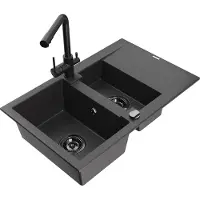 Mexen Gaspar 1,5-Becken-Granitspüle mit Abtropffläche und Mischbatterie Duero, Schwarz gesprenkelt - 6507-76-671600-70-B
