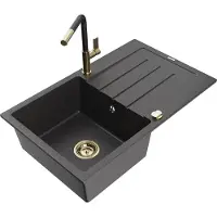 Mexen Bruno 1 Becken-Granitspüle mit Abtropffläche und Mischbatterie Flora, Schwarz gesprenkelt - 6513-76-670401-57-G