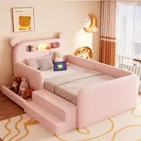 STILVORA Kinder-Polsterbett 90x200 cm mit Bären-Kopfteil und Nachtlicht, Kinderbett mit USB-Ladeanschluss und Stauraum, Einzelbett mit Stufensitz aus Kunstleder Rosa