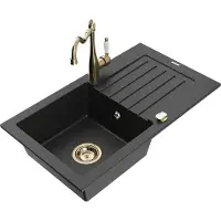 Mexen Pablo 1 Becken-Granitspüle mit Abtropffläche und Mischbatterie Carla, Schwarz/Silbermetallic - 6510-73-670700-50