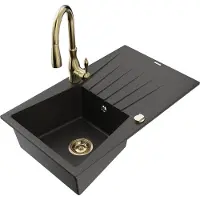 Mexen Cesar 1 Becken-Granitspüle mit Abtropffläche und Mischbatterie Savita, Schwarz/Gold metallisch - 6514-75-672601-50