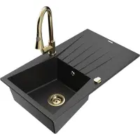 Mexen Cesar 1 Becken-Granitspüle mit Abtropffläche und Mischbatterie Elia, Schwarz/Silbermetallic - 6514-73-670101-50