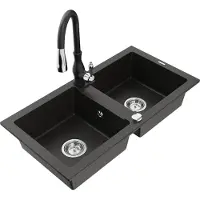 Mexen Mario 2-Becken-Granitspüle mit Mischbatterie Savita, Schwarz/Gold metallisch - 6504-75-672601-70