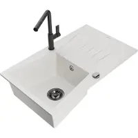 Mexen Cesar 1 Becken-Granitspüle mit Abtropffläche und Mischbatterie Flora, Weiß - 6514-20-670401-70-B