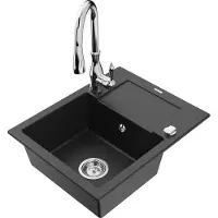 Mexen Enzo 1 Becken-Granitspüle mit Abtropffläche und Mischbatterie Savita, Schwarz/Silbermetallic - 6506-73-672601-00