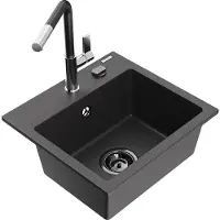 Mexen Milo 1-Becken-Granitspüle mit Mischbatterie Flora, Schwarz gesprenkelt - 6505-76-670401-07-B